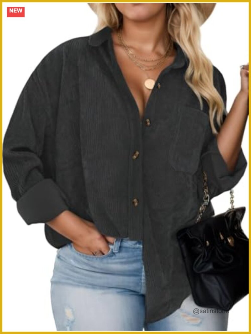 Plus Size Womens Corduroy Shacket Long Sleeve Button Down Shirt with Pockets
